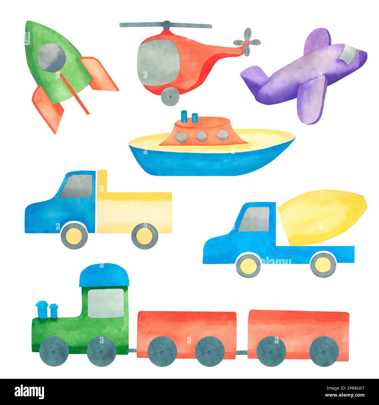 Kinderspielzeug. Aquarelldarstellung des Transports: Rakete, Boot, Flugzeug, Hubschrauber, Betonmischer, LKW und Zug. Illustration für Kinder Stockfoto