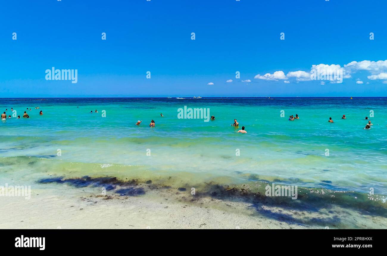Tropischer mexikanischer Strand voller Menschen Playa del Carmen Mexiko. Stockfoto