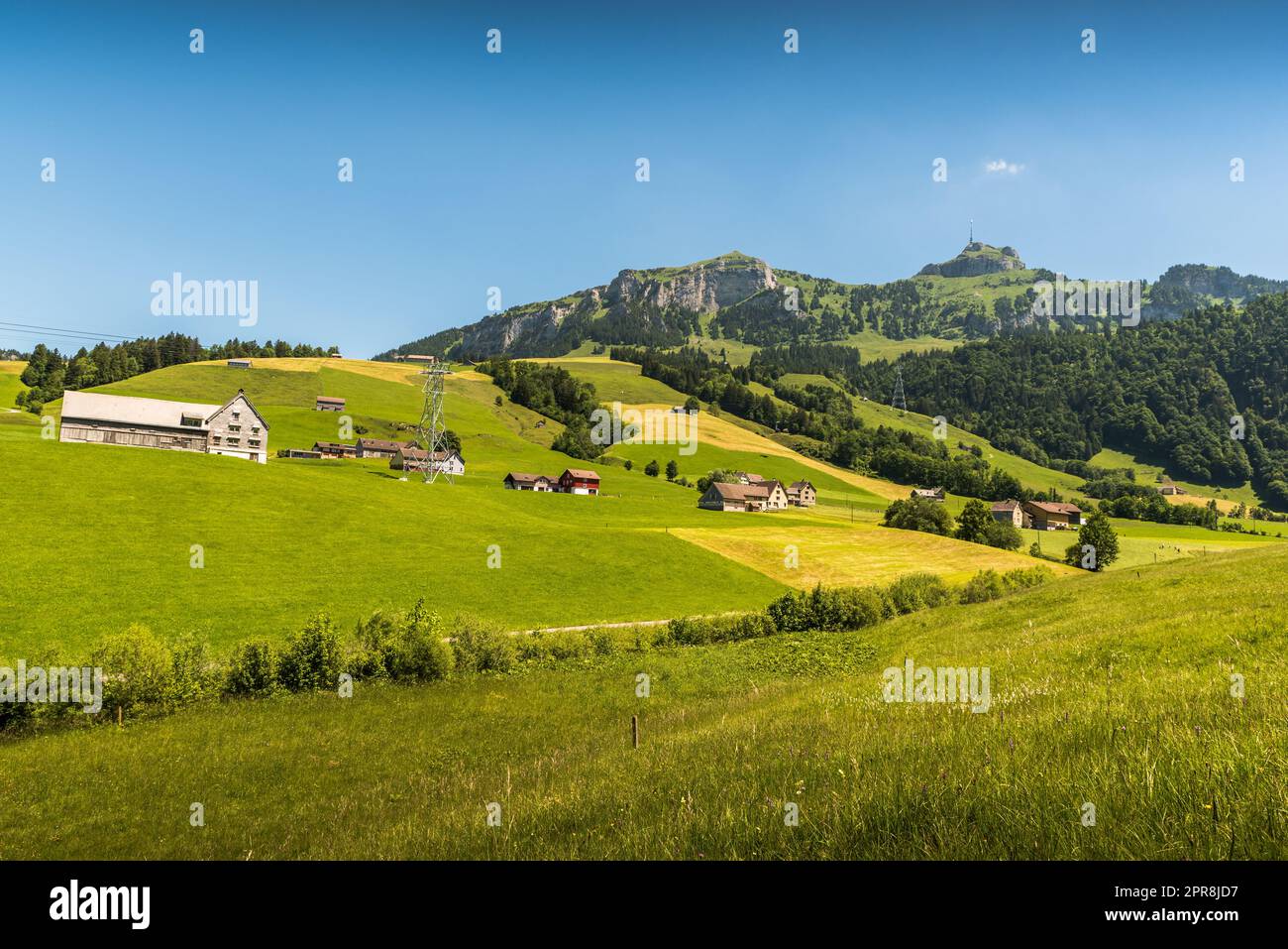 Blick auf den Hohen Kasten in den Appenzeller Alpen, Bruelisau, Kanton Appenzell Innerrhoden, Schweiz Stockfoto