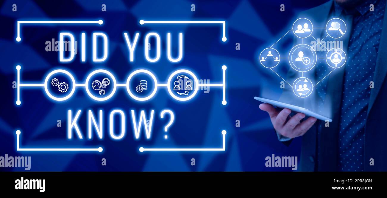 Text mit der Frage „Inspiration wussten Sie schon?“. Business Showcase Fun Facts and Figures Information General Knowledge man mit Tablet präsentiert Digital Human and Customer Relations. Stockfoto