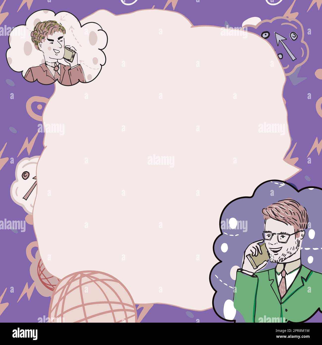 Geschäftsleute, Die Über Mobiltelefone Sprechen Und Wichtige Ideen Präsentieren. Männer, Die Auf Handys Sprechen Und Grausame Informationen Zeigen. Führungskräfte Zeigen Neue Daten An. Stock Vektor