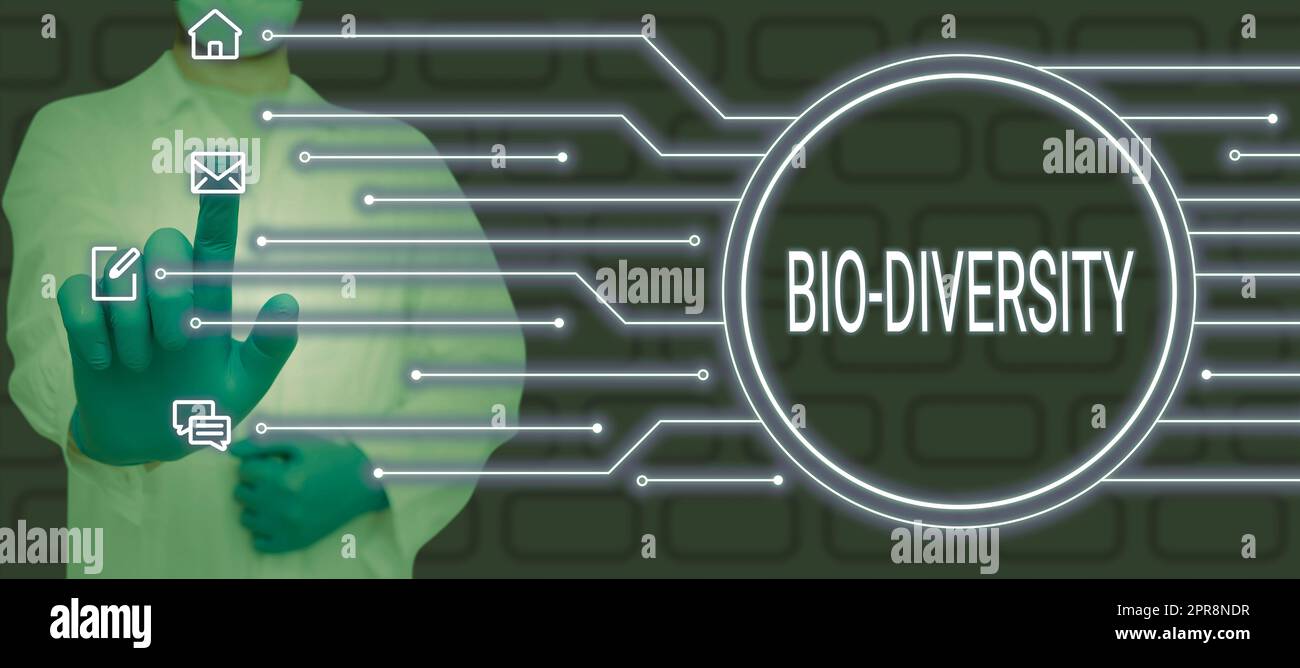 Schild mit biologischer Vielfalt. Unternehmen präsentieren eine Vielzahl von Lebensorganismen Meeresfauna Ökosystem Habitat Haftnotiz mit wichtigen Botschaften mit Blumen auf beiden Seiten. Stockfoto