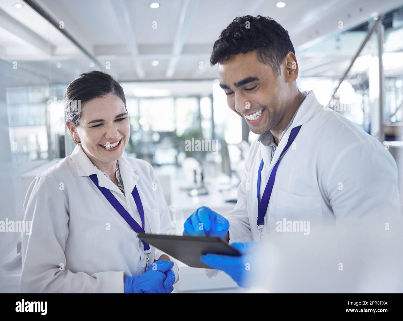Zwei glückliche und fröhliche Wissenschaftler, die lachen und ein digitales Tablet verwenden, während sie in einem Labor zusammenarbeiten. Gemischter Rassenmensch und weiße Frau, die soziale Medien überprüft und zusammen lächelt. Stockfoto