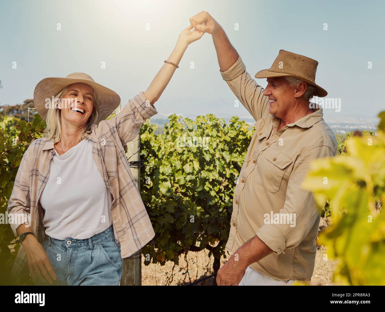 Lächelndes Seniorenpaar tanzt zusammen und fühlt sich verspielt auf dem Weinberg. Weißer Mann und Ehefrau stehen zusammen und genießen einen Tag auf einer Farm nach einem Wochenende mit Weinproben. Mann und Frau amüsieren sich Stockfoto