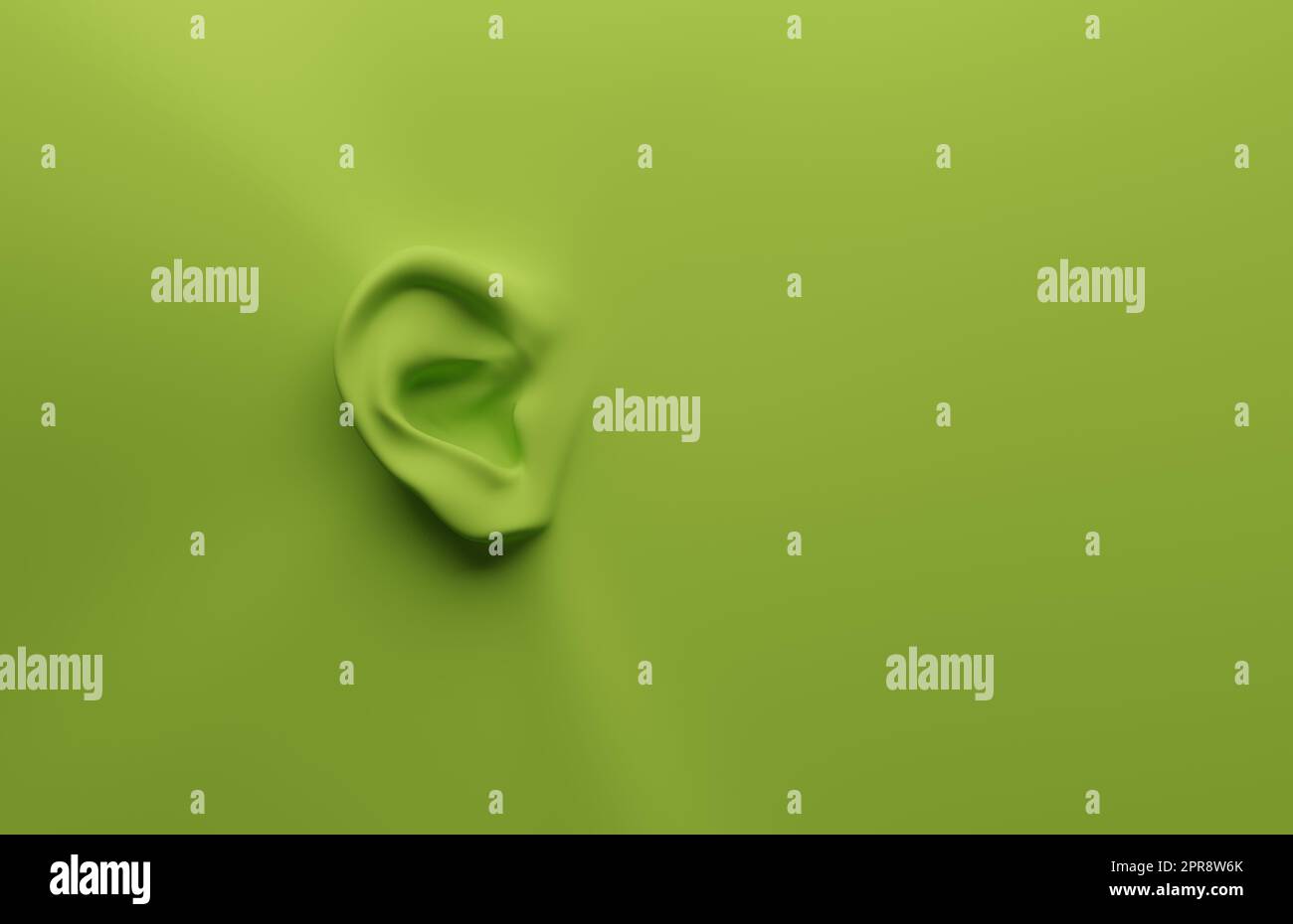 Grünes Ohr auf grünem Hintergrund, Gesundheitsvorsorge oder Wachheitskonzept, 3D-Rendering Stockfoto