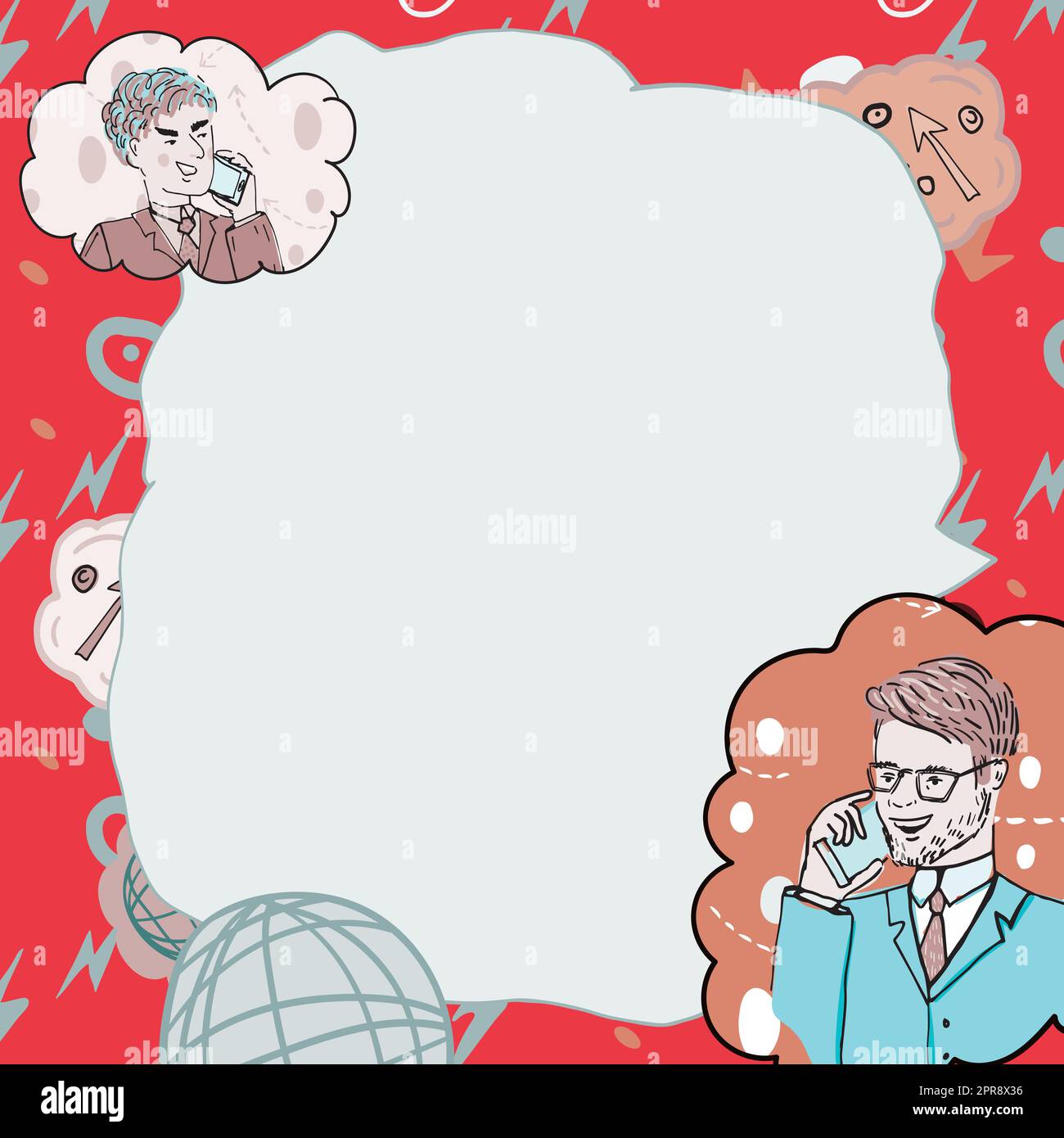 Geschäftsleute, Die Über Mobiltelefone Sprechen Und Wichtige Ideen Präsentieren. Männer, Die Auf Handys Sprechen Und Grausame Informationen Zeigen. Führungskräfte Zeigen Neue Daten An. Stock Vektor