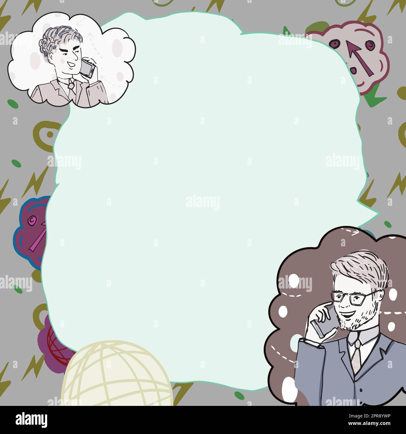 Geschäftsleute, Die Über Mobiltelefone Sprechen Und Wichtige Ideen Präsentieren. Männer, Die Auf Handys Sprechen Und Grausame Informationen Zeigen. Führungskräfte Zeigen Neue Daten An. Stock Vektor