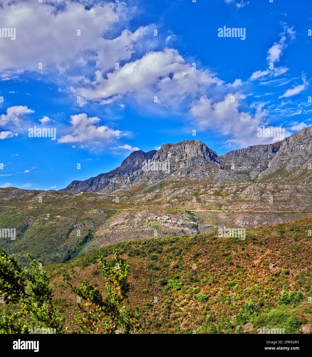 Schöner Berg in friedlicher felsiger Landschaft an einem sonnigen Tag in Kapstadt. Lebhaftes Land mit üppig grünen Büschen und Pflanzen, die in Harmonie in der Natur wachsen. Entspannende, beruhigende Aussicht auf Südafrika Stockfoto