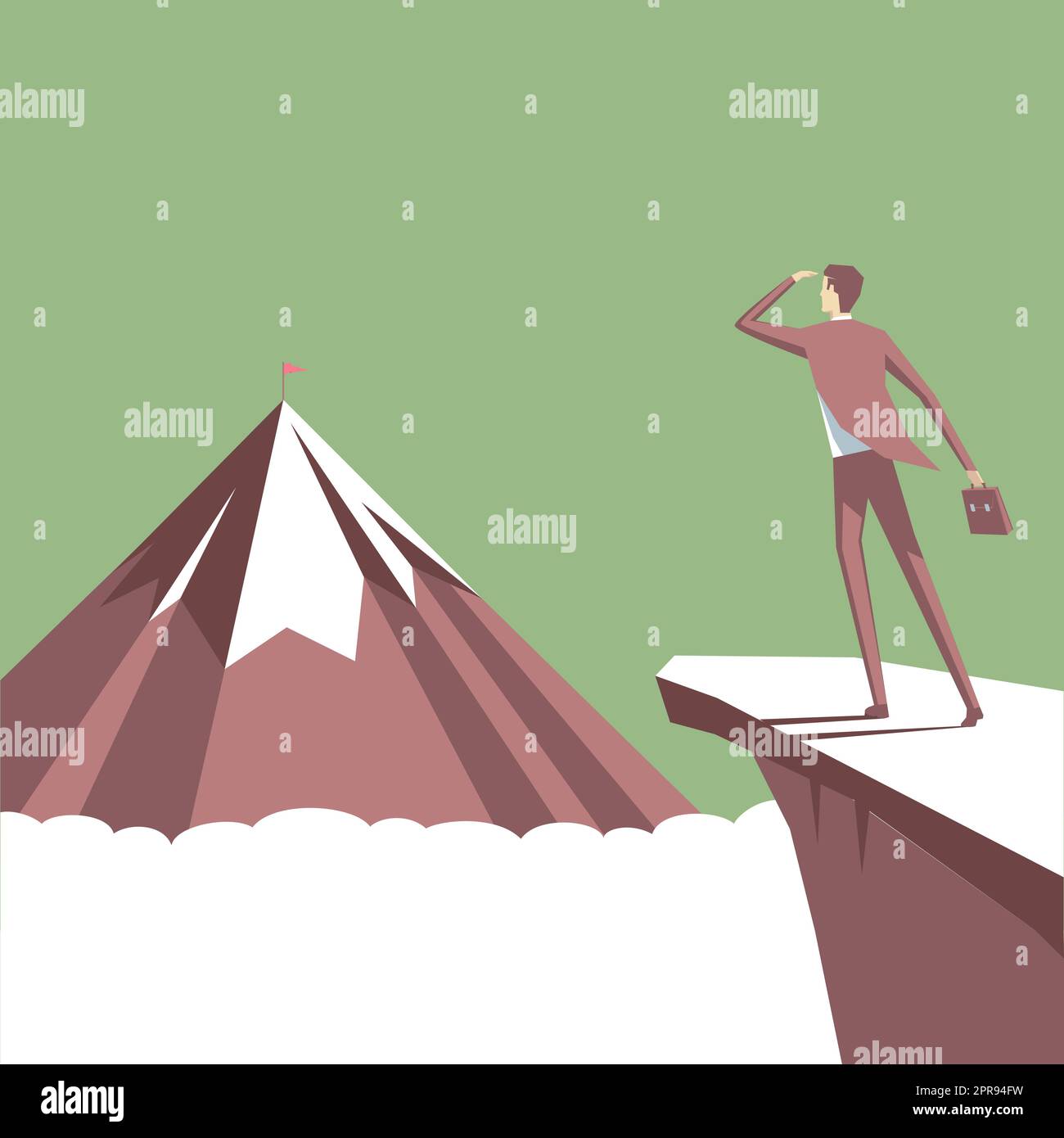 Man on A Mountain Drawing ist stolz auf seinen Erfolg beim Klettern in die Wolken. Athlet on A Cliff feiert Erfolg beim Aufstieg nach oben. Der Sportler Erreicht Den Himmel. Stock Vektor