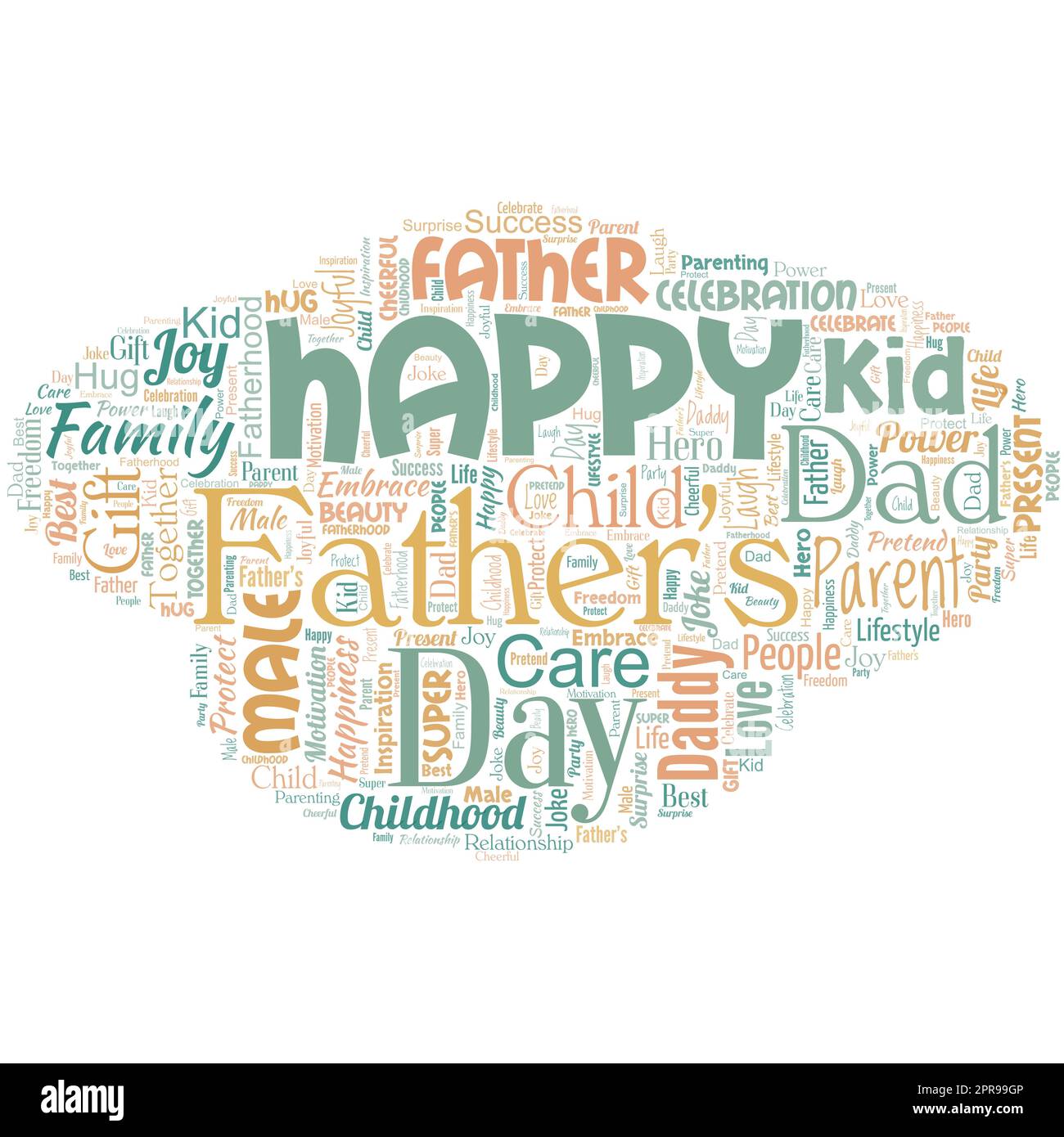 Große Wortwolke in Form von UFO mit Worten Happy Father's Day. Zeit des Jahres, um Väter auf der ganzen Welt zu feiern Stock Vektor