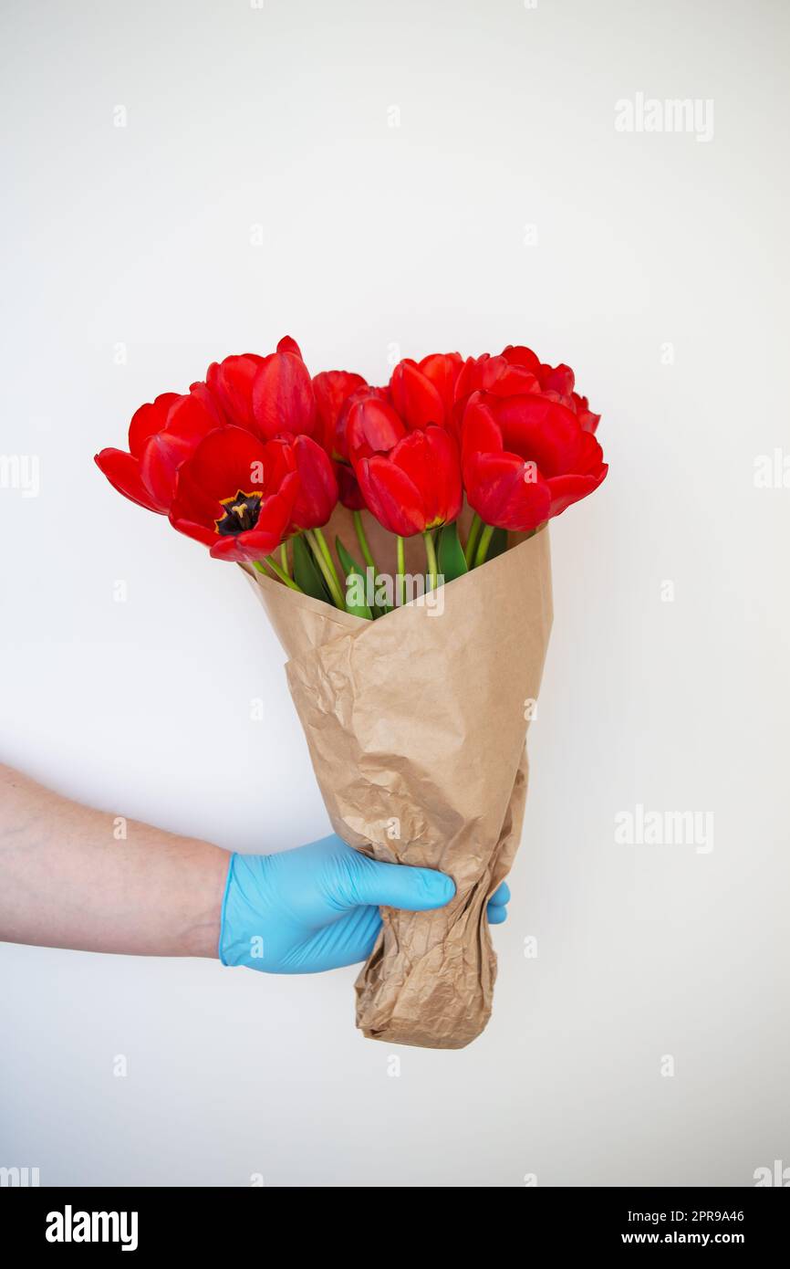 Kontaktlose Abgabe eines Straußes wunderschöner roter Tulpen Stockfoto