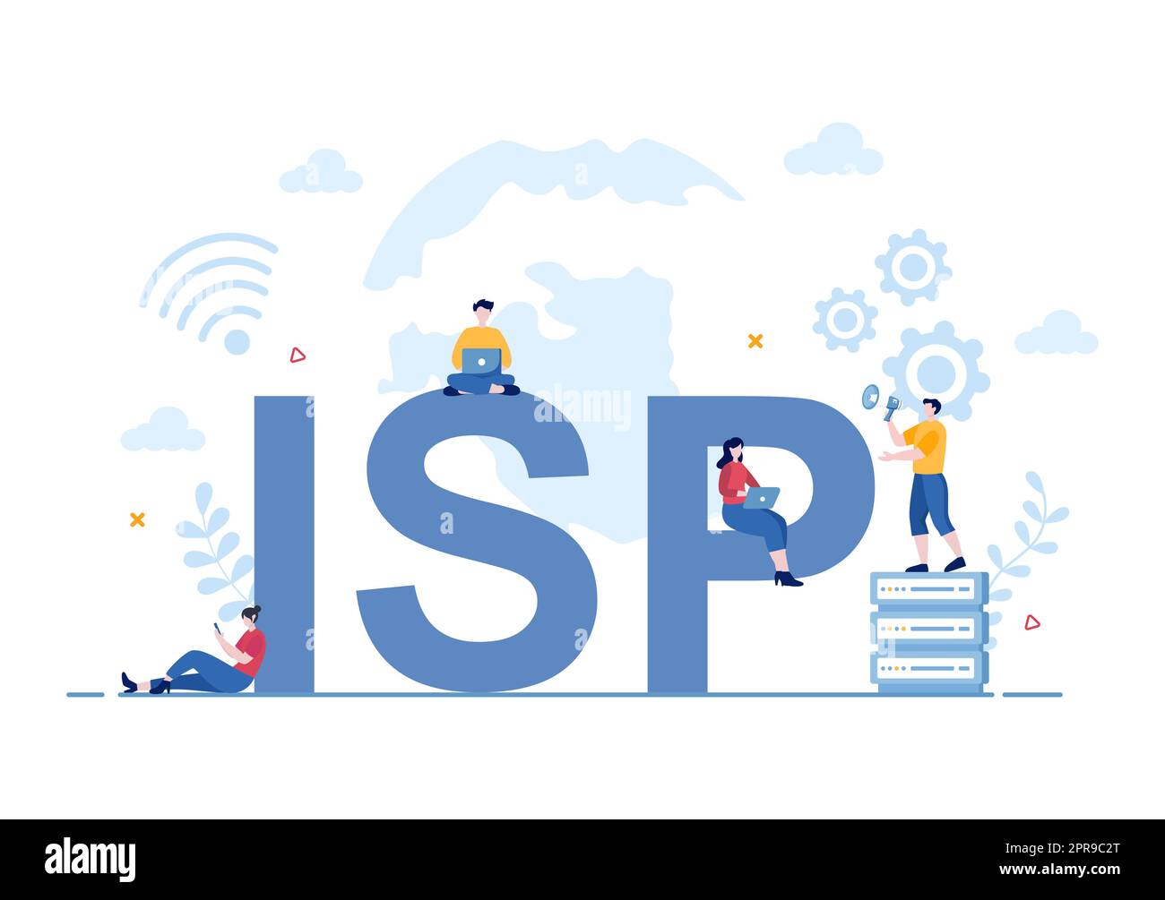 Cartoon-Illustration für ISP oder Internetdienstanbieter mit Schlüsselwörtern und Symbolen für Intranet-Zugriff, sichere Netzwerkverbindung und Datenschutz Stockfoto