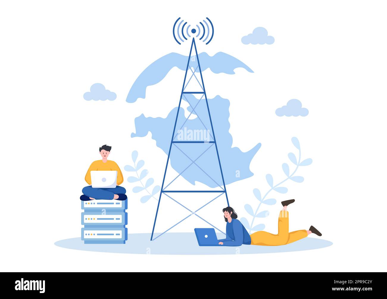 Cartoon-Illustration für ISP oder Internetdienstanbieter mit Schlüsselwörtern und Symbolen für Intranet-Zugriff, sichere Netzwerkverbindung und Datenschutz Stockfoto