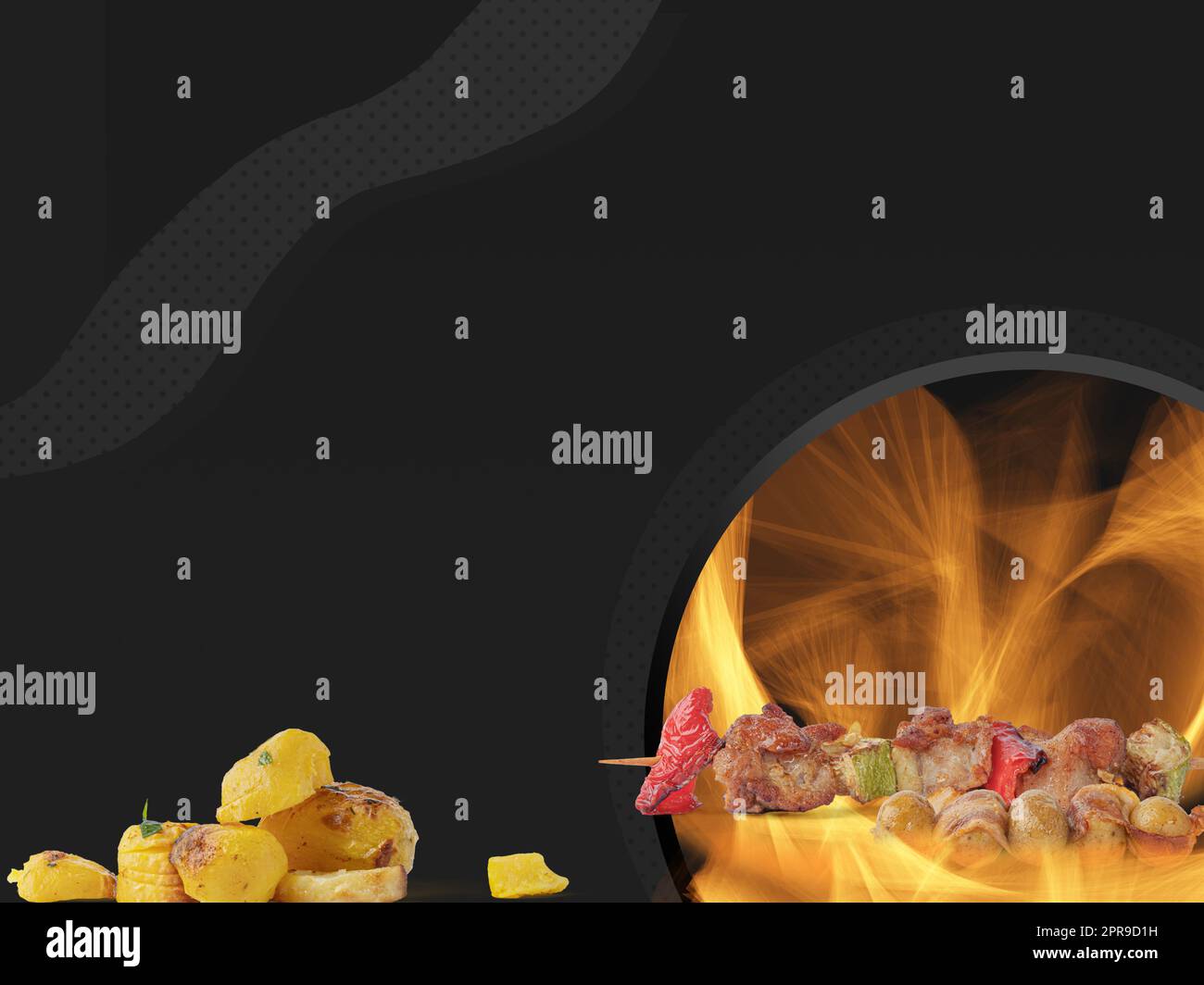 Barbecue Fleisch, Grill, Grill und Flammen mit Text Raum Stockfoto