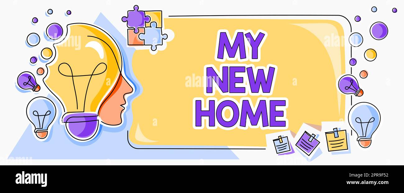 Konzeptionelle Beschriftung Mein neues Zuhause. Geschäftsansatz Verlagerung in ein anderes Haus Immobilieninvestition Mann mit Glühbirnen und Puzzle-Stücke zum Thema „Neue Ideen denken“. Stockfoto