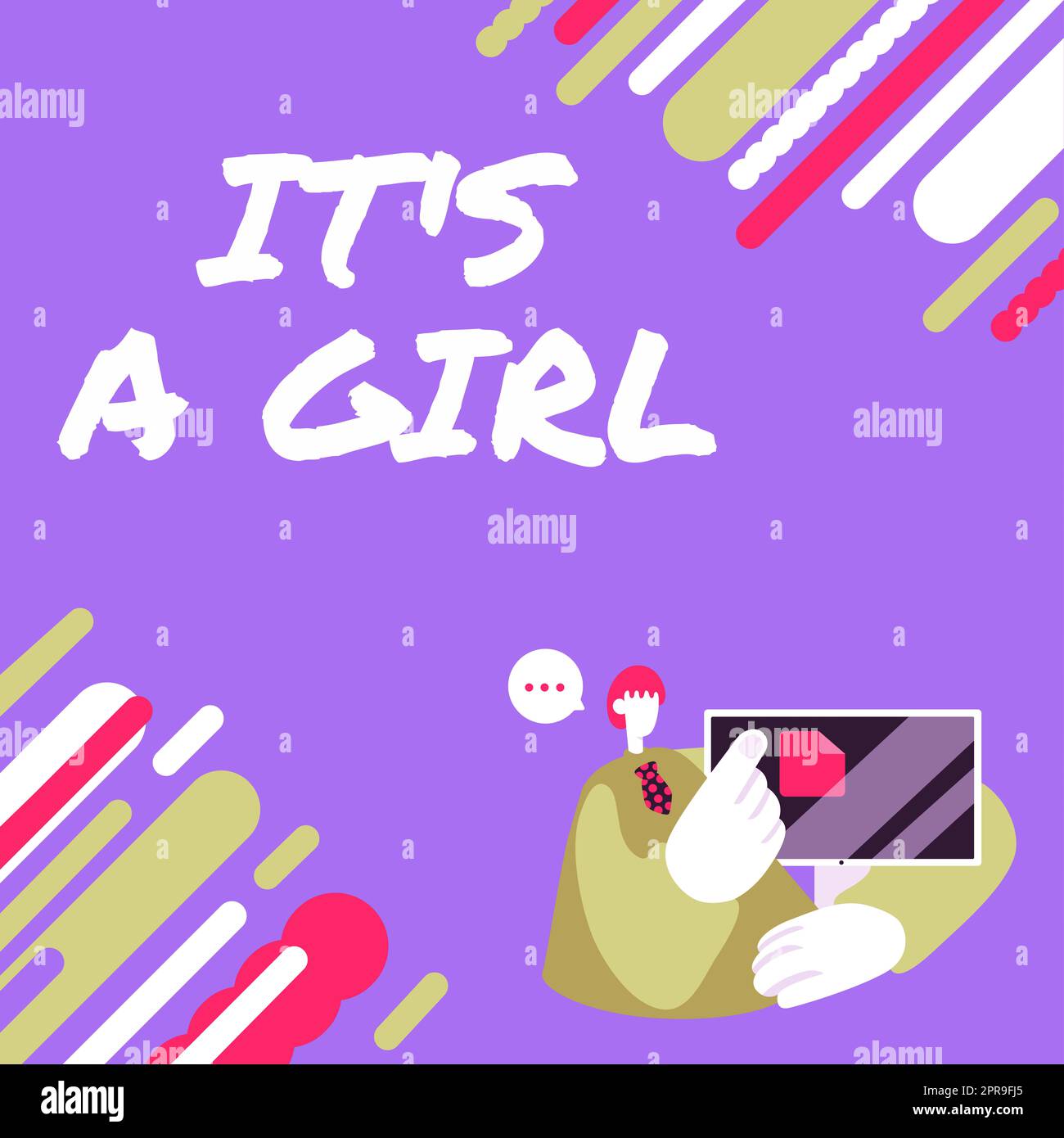 Textunterschrift präsentiert IT S is A Girl. Geschäftsansatz erwartet ein Baby niedliche Pastellfarben viel pinkfarbener Geschäftsmann, der über aktuelle Dateien auf dem Computer spricht. Stockfoto
