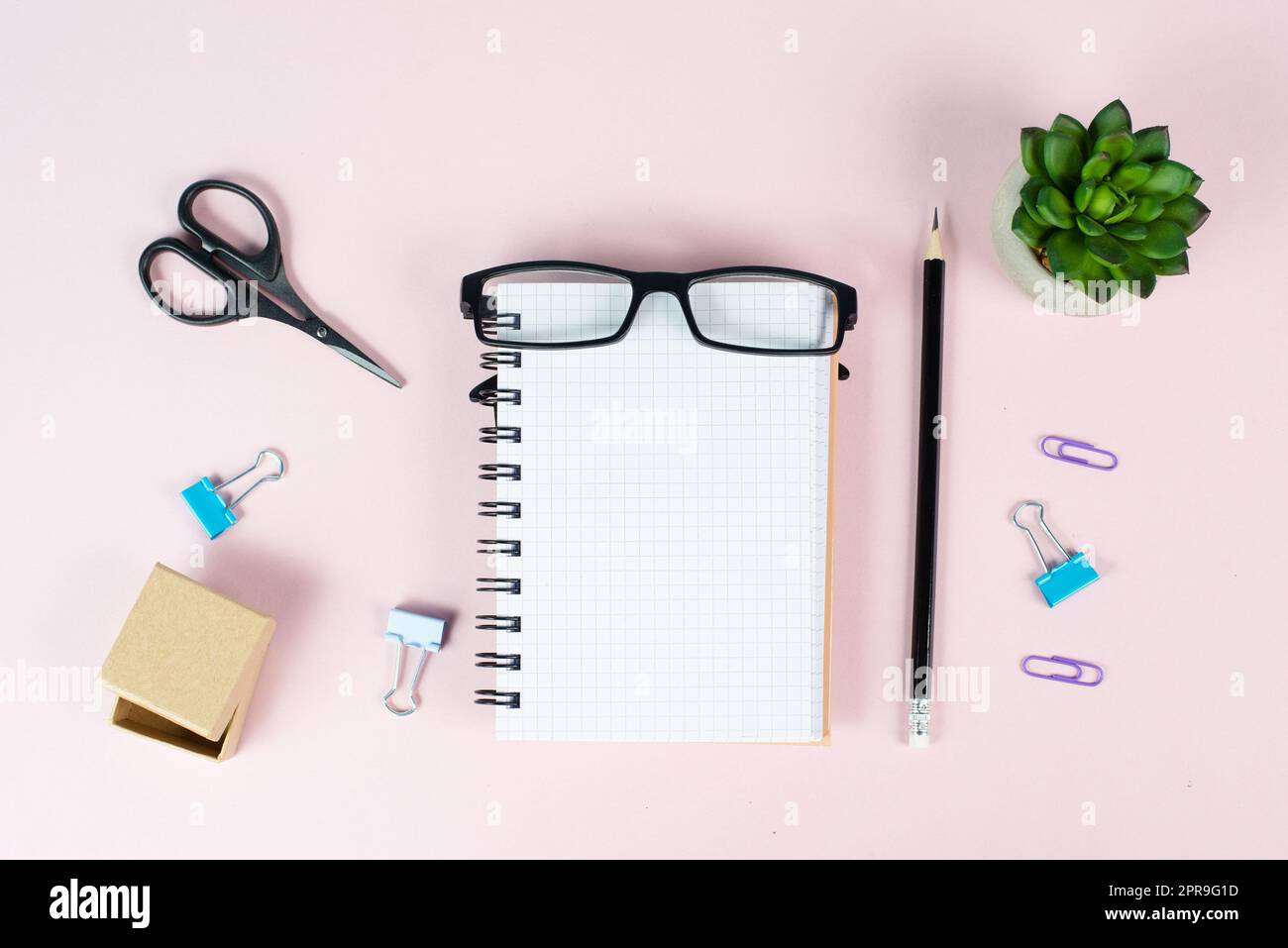 Leeres Notizbuch mit einem Stift, einer Brille und einem Kaktus auf einem pastellfarbenen Schreibtisch, Brainstorming für neue Ideen, Schreiben einer Botschaft, Arbeitsplatz im Home Office Stockfoto