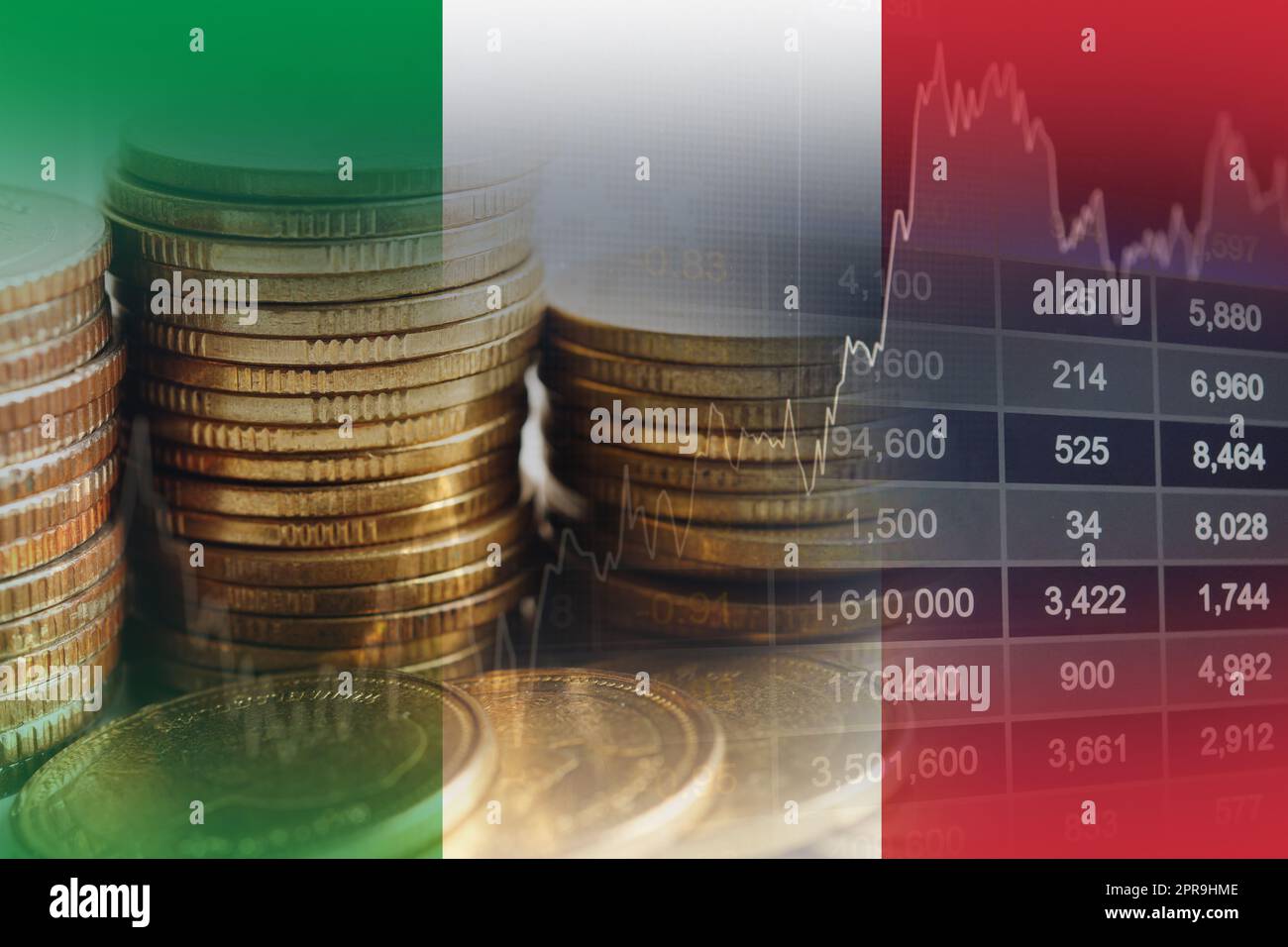 Aktienmarkt Investment Trading Financial, Coin und Italien Flagge oder Forex für die Analyse Gewinn Finanzierung Geschäft Trend Daten Hintergrund. Stockfoto