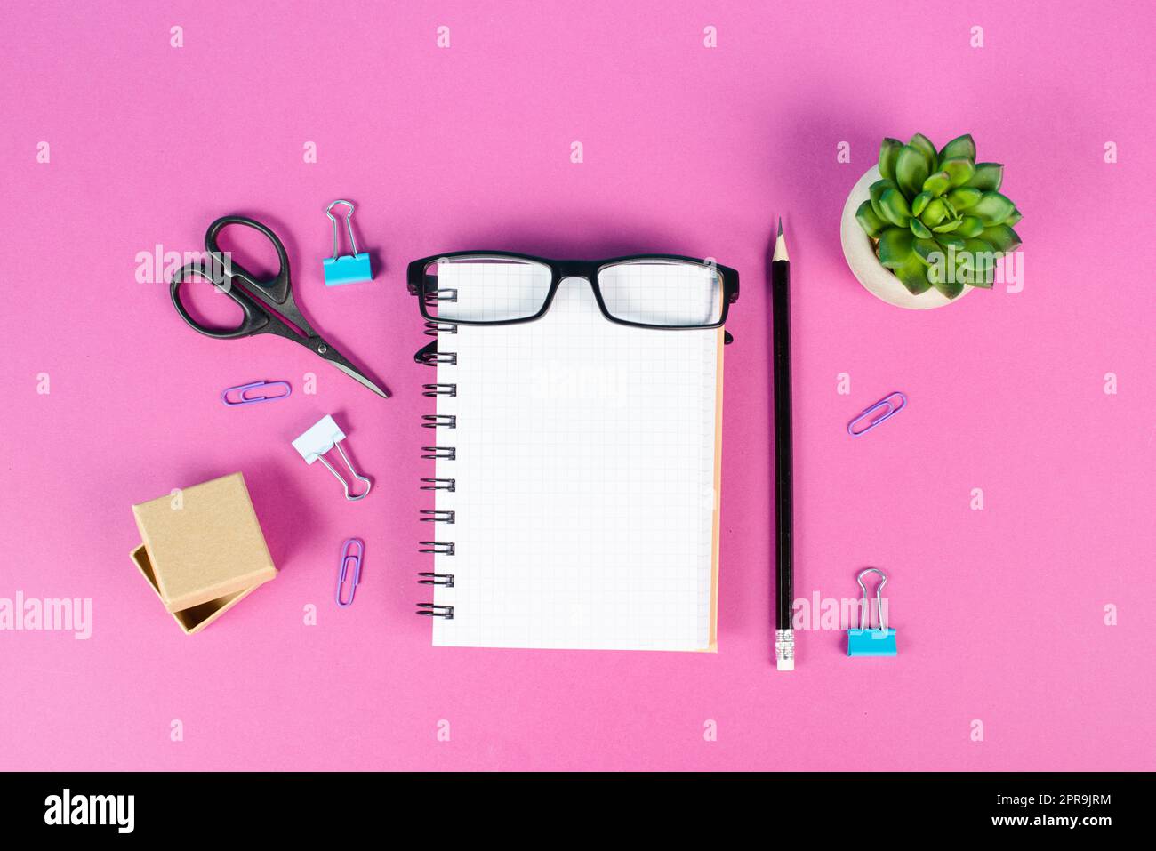Leeres Notizbuch mit einem Stift, einer Brille und einem Kaktus auf einem rosafarbenen Schreibtisch, Brainstorming für neue Ideen, Schreiben einer Nachricht, Arbeitsplatz im Home Office Stockfoto