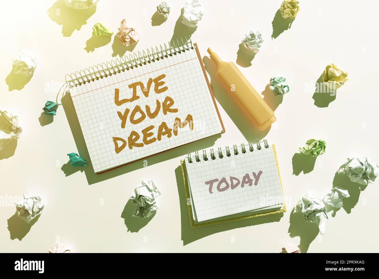 Handschrift Text Live Your Dream. Motivation des Geschäftsansatzes erfolgreiche Inspiration Zufriedenheit Ziele erreichen Notizbücher mit wichtigen Botschaften umgeben von Papierpapieren. Stockfoto