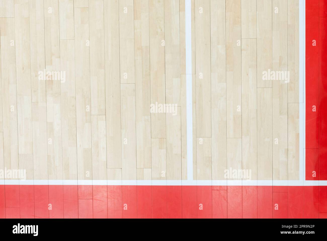 Holzboden Volleyball, Basketball, Badminton, Futsal, Handballplatz. Holzboden der Sporthalle mit Markierungslinien auf Holzboden innen, gy Stockfoto