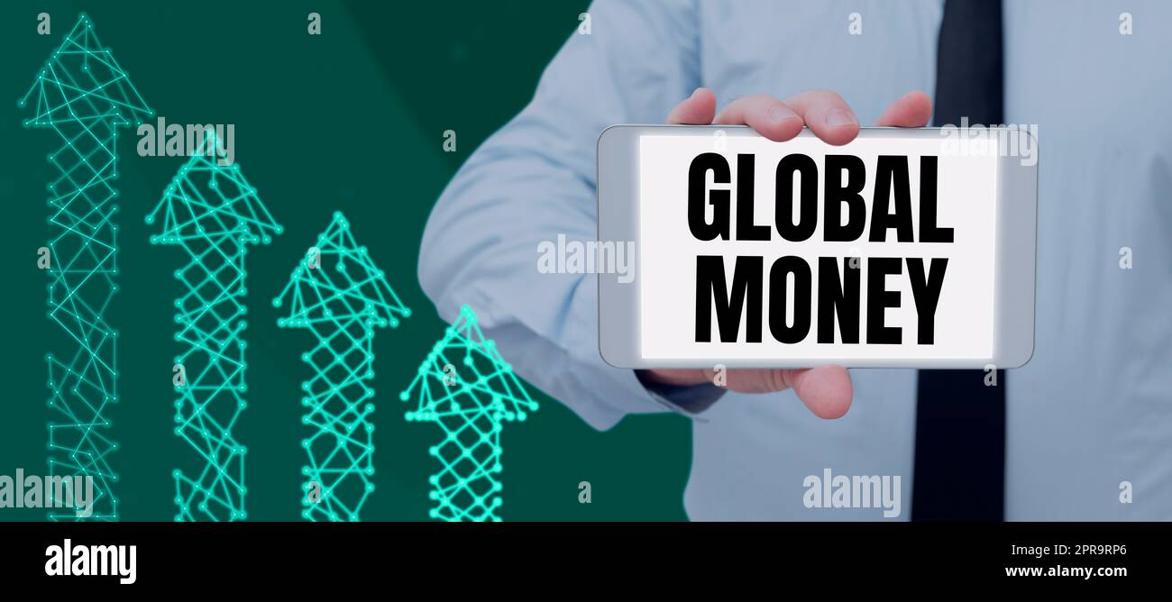 Handschrifttext Global Money. Wortschreibung auf International Finance Weltwährung weltweit transagiert man Showing Tablet by Arrow Symbols präsentiert neue Geschäftsideen. Stockfoto