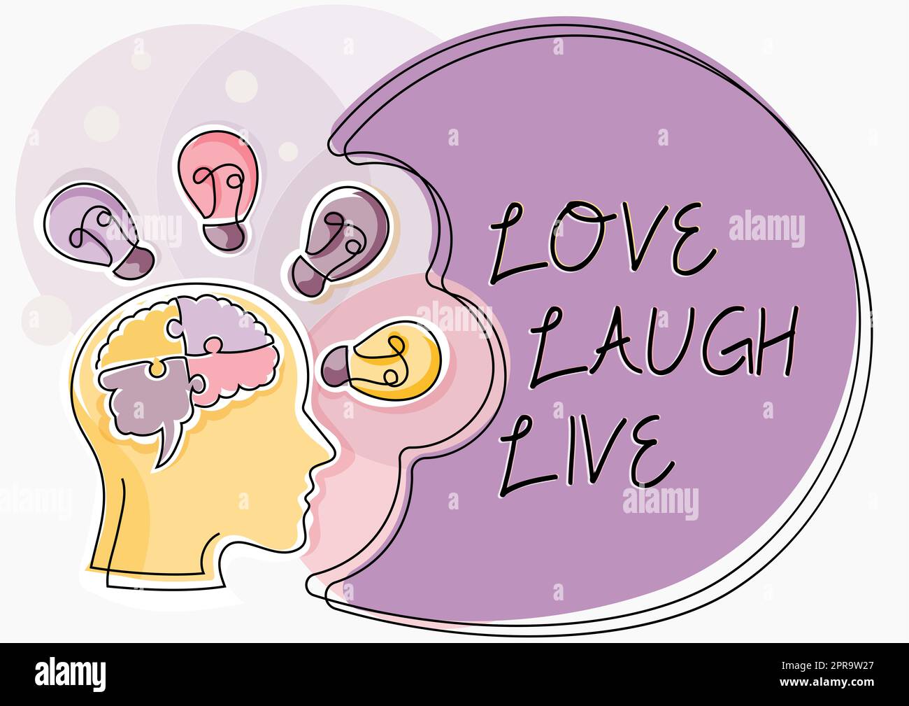 Konzeptionelle Darstellung Love Laugh Live, Konzept Bedeutung Lassen Sie sich inspirieren positiv Genießen Sie Ihre Tage Lachen guter Humor Mann mit rätselhaftem Gehirn Denken Neue Ideen Stockfoto