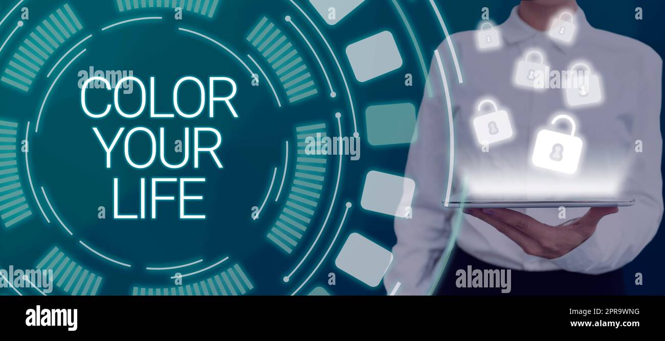 Begriffliche Bildunterschrift für ein neues Leben. Konzeptfoto Mach deinen Tag farbenfroh sei fröhlich motiviert Inspired Smart man hat ein Tablet in der Hand und präsentiert intelligente Technologie Stockfoto