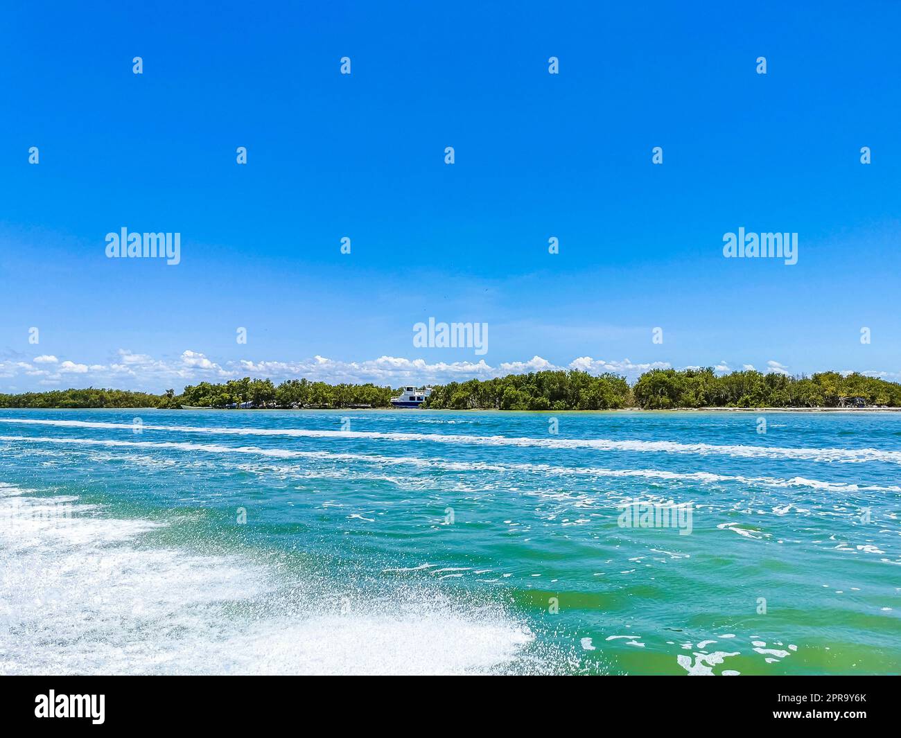 Panoramablick auf Holbox Island Naturstrand türkisfarbenes Wasser Mexiko. Stockfoto