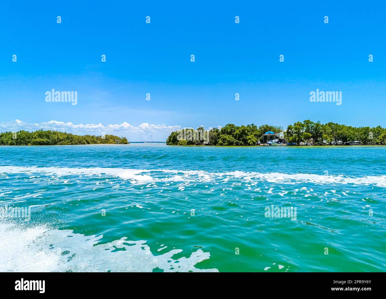 Panoramablick auf Holbox Island Naturstrand türkisfarbenes Wasser Mexiko. Stockfoto
