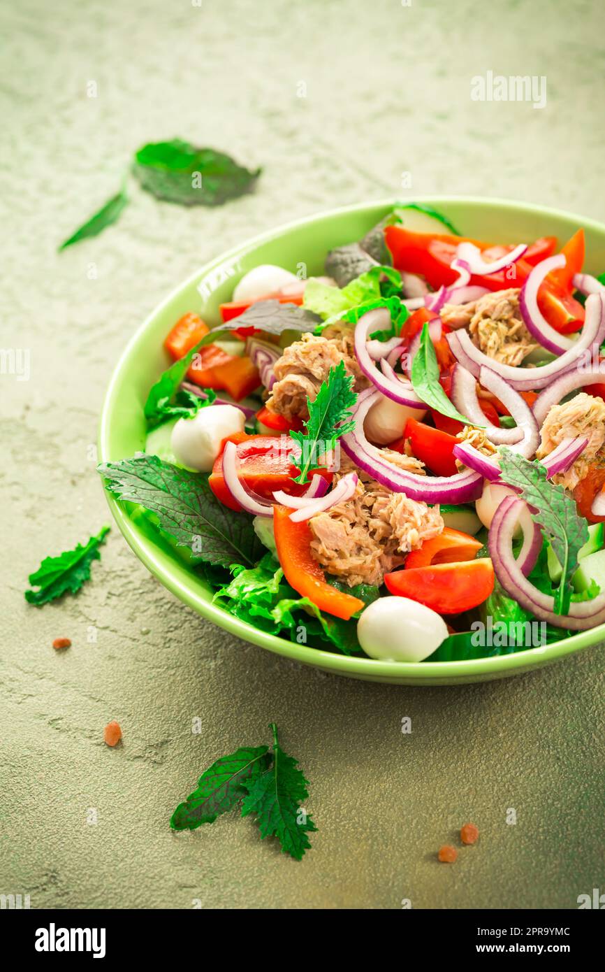 Thunfischsalat mit Mozzarella, Zwiebeln und japanischem Senf Stockfoto