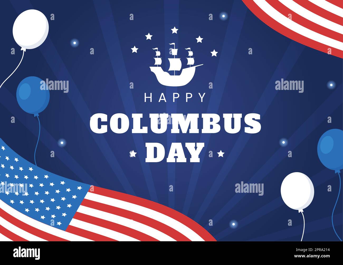 Happy Columbus Day National Holiday Handgezeichnete Cartoon Illustration mit blauen Wellen, Kompass, Schiff und USA Flaggen im flachen Stil Hintergrund Stockfoto