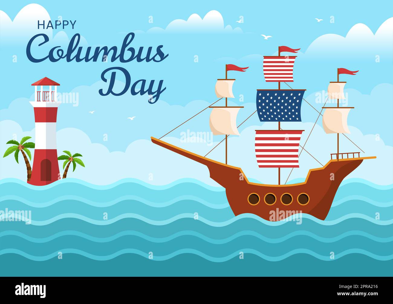 Happy Columbus Day National Holiday Handgezeichnete Cartoon Illustration mit blauen Wellen, Kompass, Schiff und USA Flaggen im flachen Stil Hintergrund Stockfoto