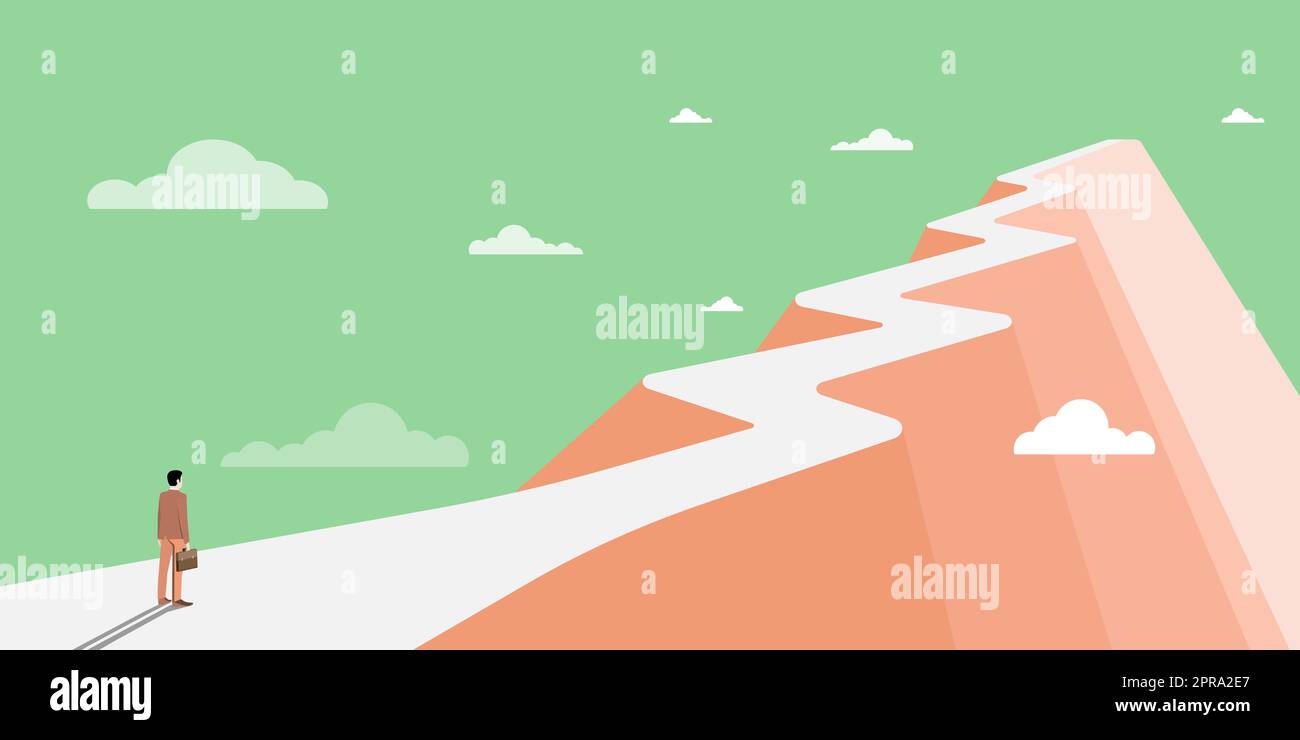 Man on A Mountain Drawing ist stolz auf seinen Erfolg beim Klettern in die Wolken. Athlet on A Cliff feiert Erfolg beim Aufstieg nach oben. Der Sportler Erreicht Den Himmel. Stock Vektor