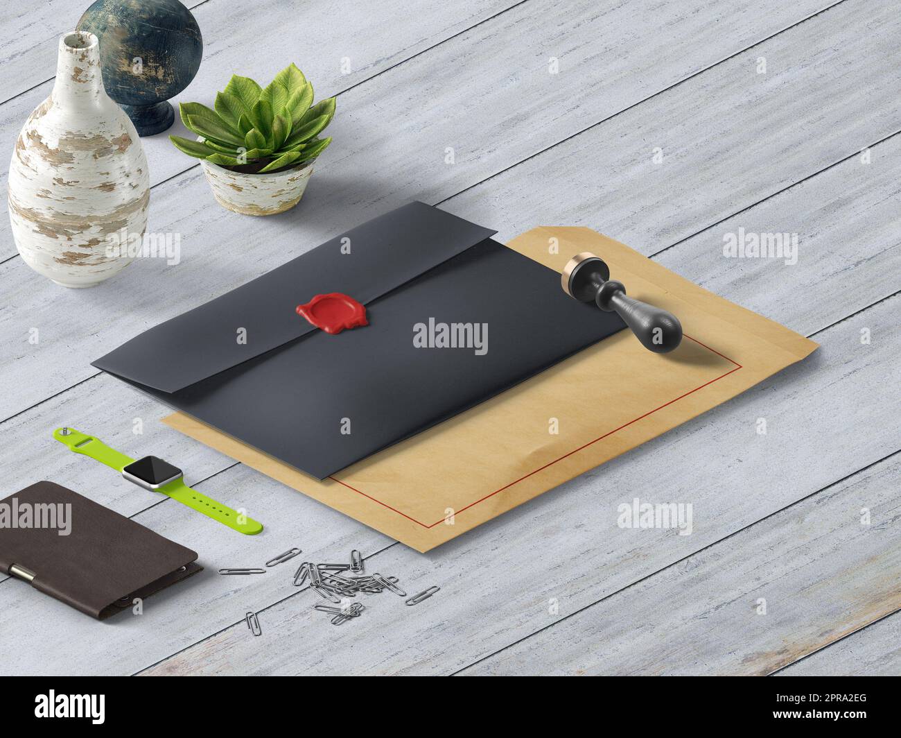 Ordner mit Stempelsiegel und Umschlag auf hellen Holzbohlen, 3D-Illustration, 3D-Rendering Stockfoto