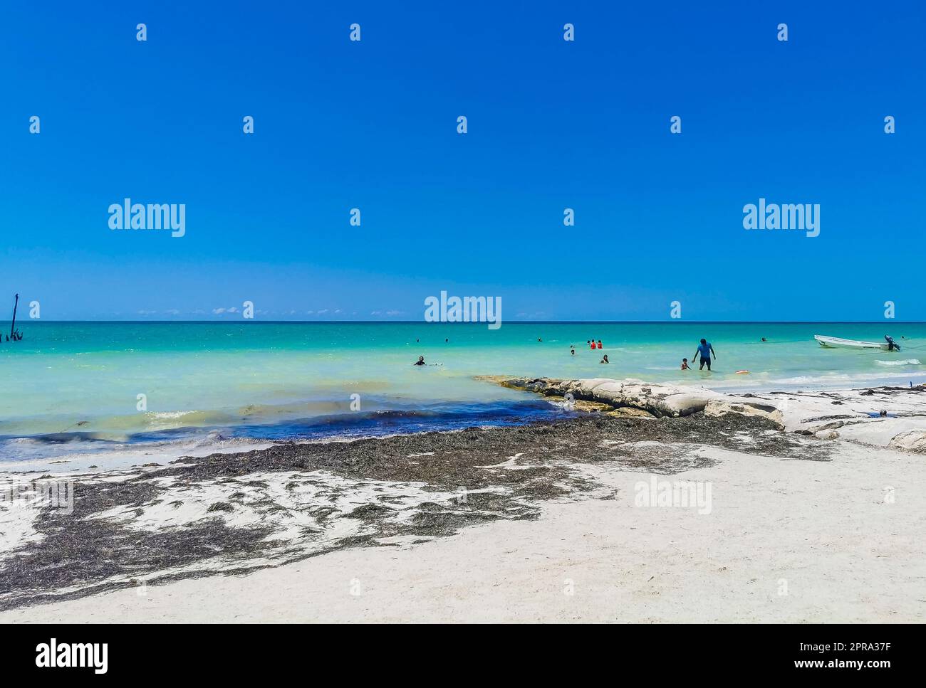 Wunderschöne Holbox Insel Strand Sandbank Panorama türkisfarbene Wassermenschen Mexiko. Stockfoto