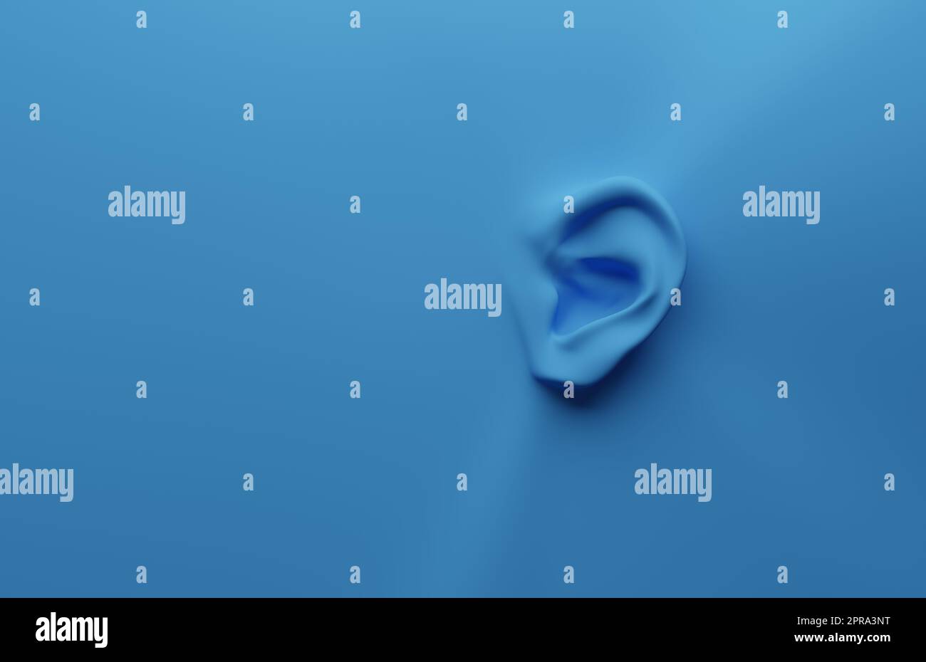 Grünes Ohr auf blauem Hintergrund, Gesundheits- oder Wachheitskonzept, 3D-Rendering Stockfoto