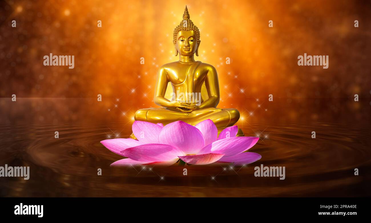 Buddha Statue Wasser lotus Buddha auf Lotus Flower auf orangefarbenem Hintergrund Stockfoto