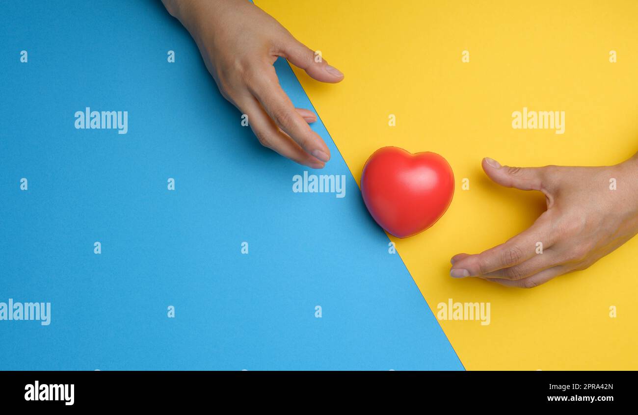 Rotes Herz und strecken die Hände darauf auf einem gelben blauen Hintergrund. Stockfoto