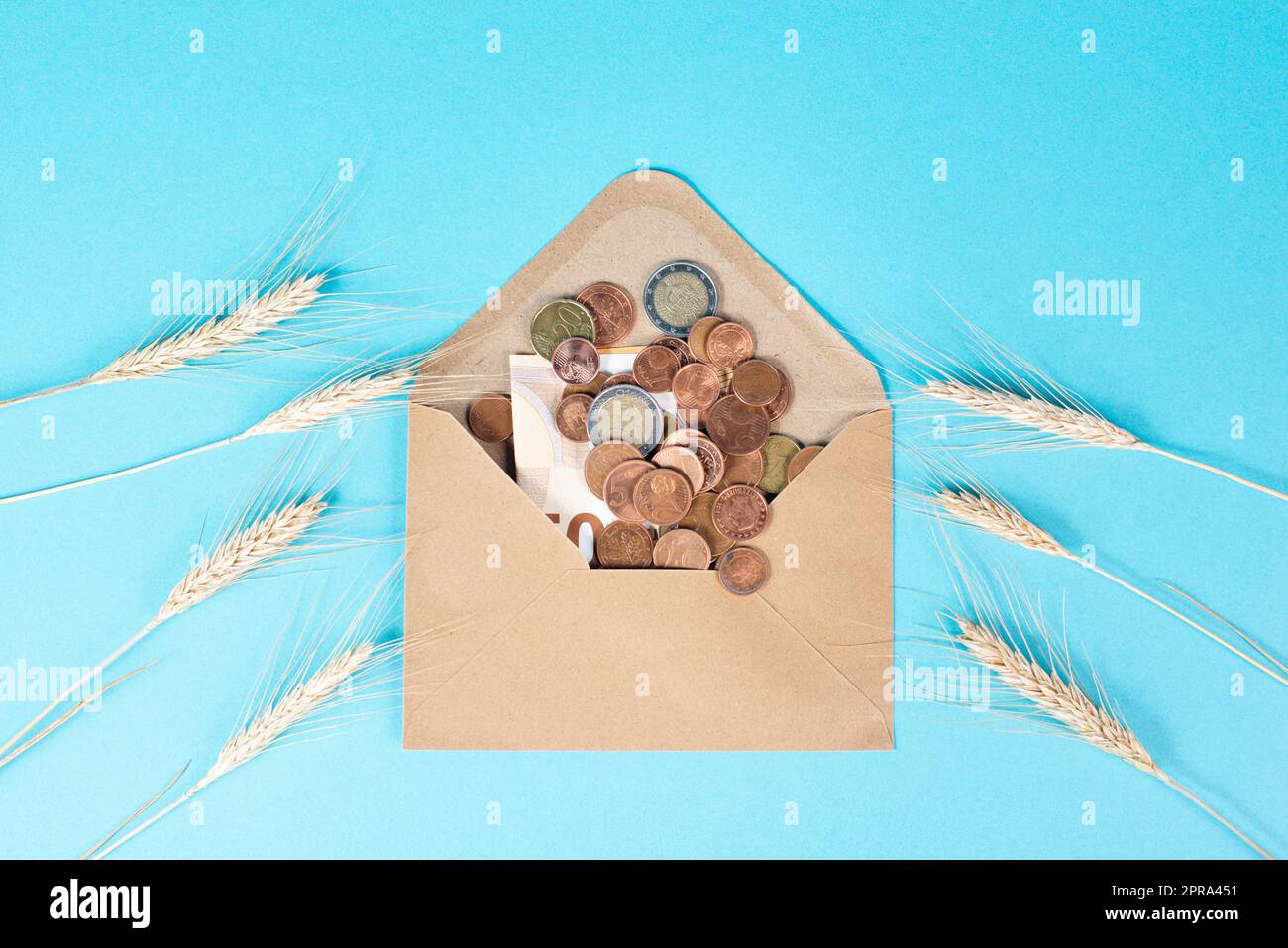 Umschlag mit Weizen- und Euro-Banknoten, Lebensmittelknappheit und steigenden Preisen, Armut durch Inflation Stockfoto