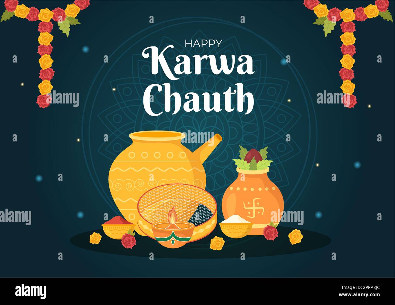 Karwa Chauth Festival Handgezeichnete flache Cartoon-Illustration, um den Neumond zu beginnen, indem man den Mondaufgang im November von Ehefrauen für ihre Ehemänner sieht Stockfoto