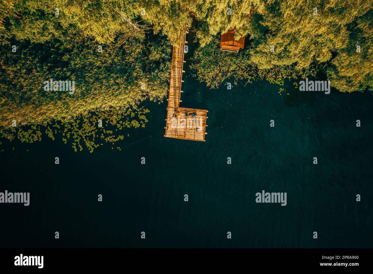 Luftaufnahme Des Angelpiers Mit Dem Fluss See Um. Blick Von Oben Auf Die Flussküste Mit Wald Im Sommer Sonnentag. Drohnenansicht. Vogelperspektive Stockfoto