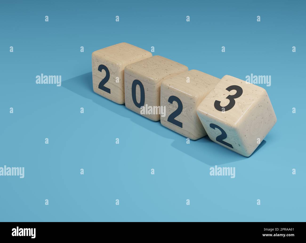 Holzwürfel mit den Jahreszahlen 2022 und 2023, Neujahrskonzept Stockfoto