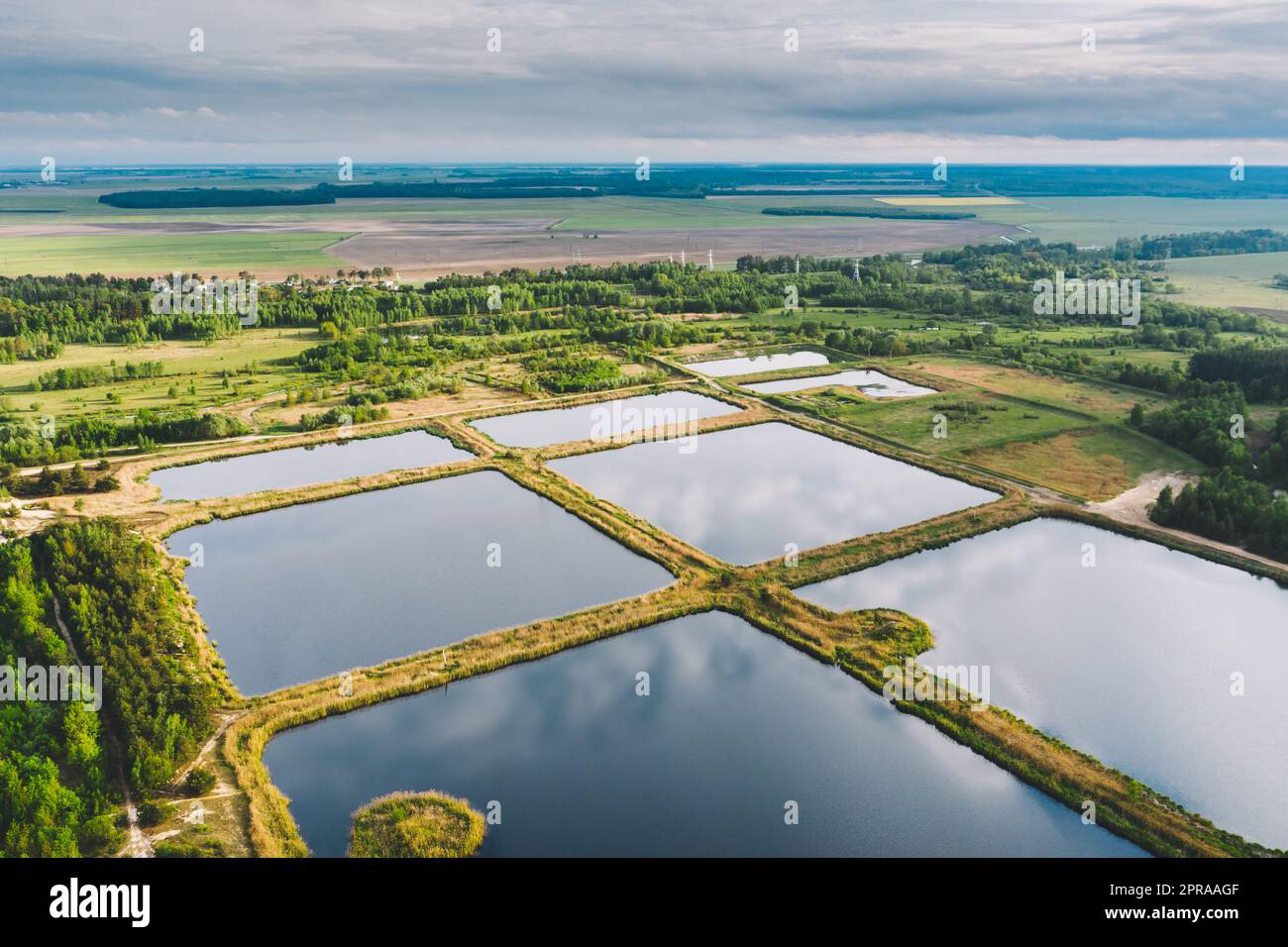 Aerial View Retention Basins, Wet Pond, Wet Detention Basin oder Stormwater Management Pond, ist ein künstlicher Teich mit Vegetation rund um den Perimeter und umfasst Einen permanenten Wasserpool in seinem Design. Stockfoto