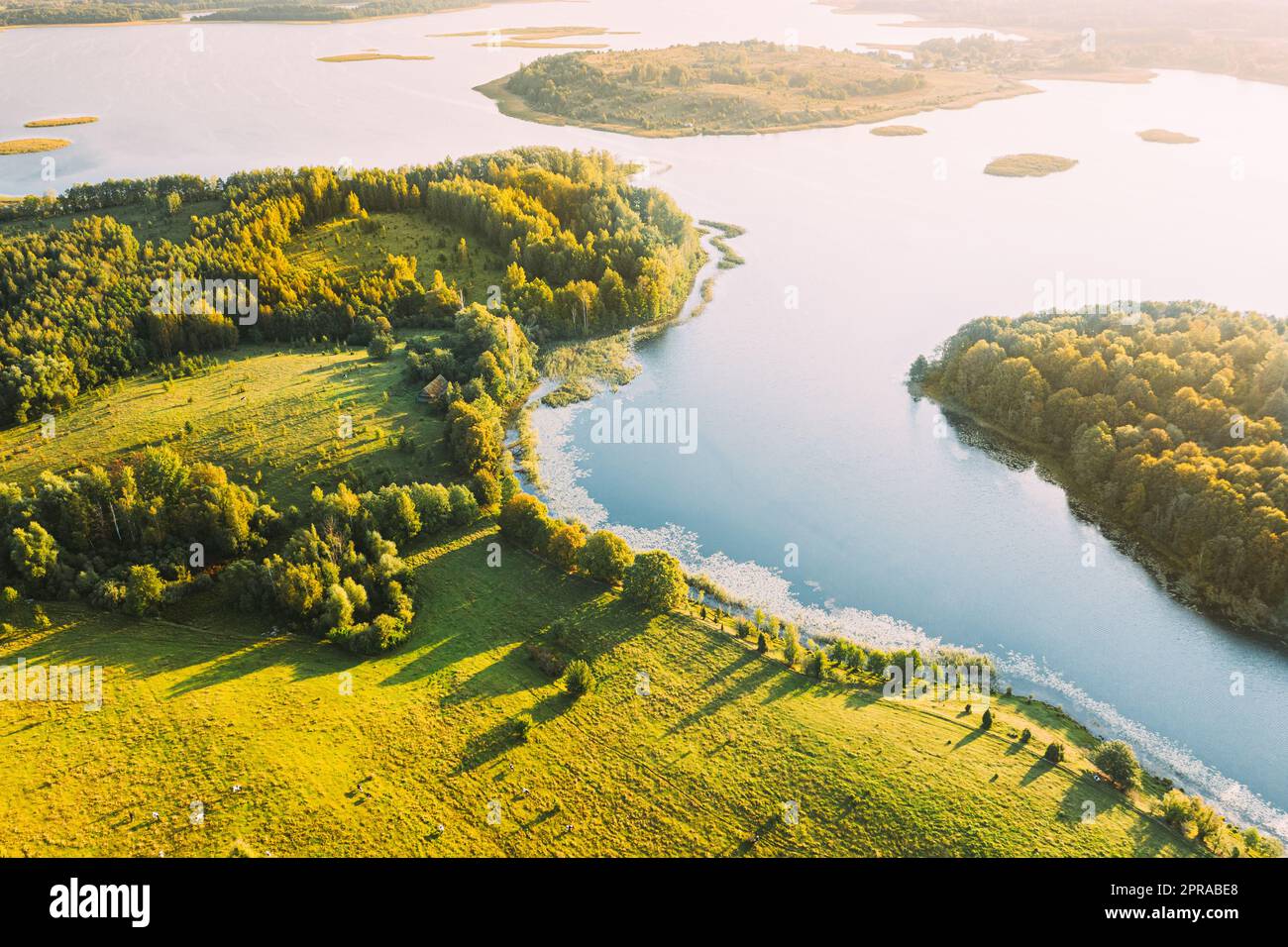 Braslaw Oder Braslau, Witebsk Voblast, Belarus. Blick Aus Der Vogelperspektive Auf Den Nedrava Lake, Den Green Forest Und Die Wiesenlandschaft Am Sonnigen Herbstmorgen. Blick Von Oben Auf Die Wunderschöne Europäische Natur Von High Attitude. Vogelperspektive. Panorama. Berühmte Seen. Natürliche Wahrzeichen Stockfoto