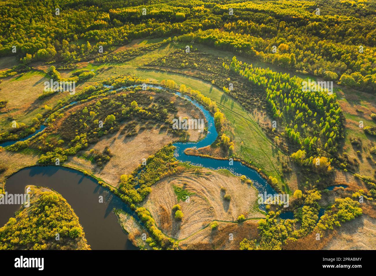 Blick Aus Der Vogelperspektive Auf Grüne Waldwälder Und Flusslandschaft Am Sonnigen Sommertag Im Frühling. Top-Blick Auf Die Wunderschöne Europäische Natur Von High Attitude In Der Herbstsaison. Drohnenansicht. Vogelperspektive Stockfoto