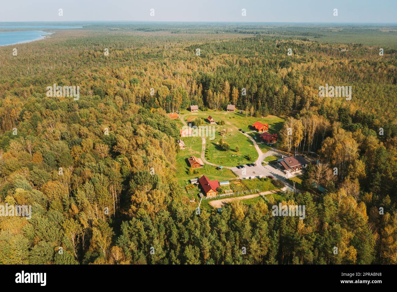 Weißrussland, Biosphärenreservat Beresinsky. Blick aus der Vogelperspektive auf den Touristenkomplex Nivki am sonnigen Herbsttag. Panorama, Panoramablick Stockfoto