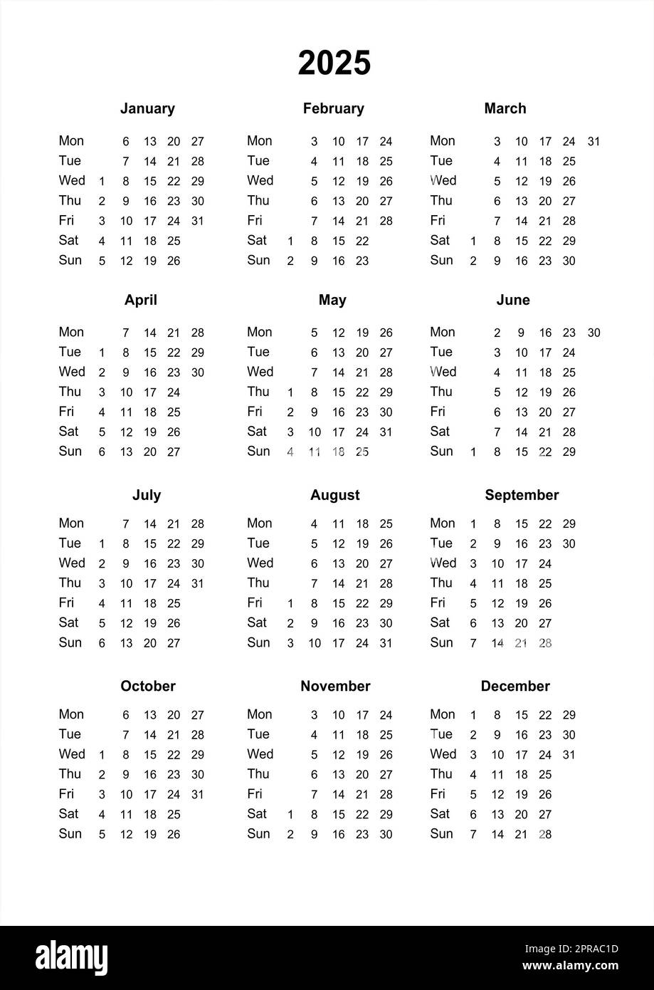 Kalender 2025. Druckbarer Kalender für 2025. Sonntagsbeginn. Minimalistischer Style Stockfoto