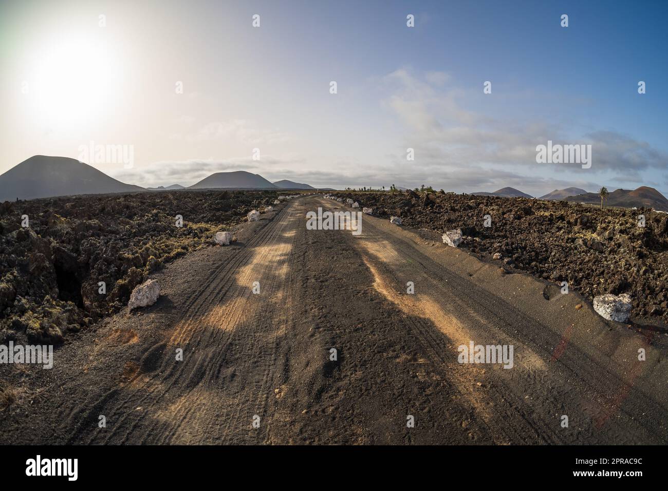 Typische vulkanische Landschaft. Straße in die Ferne. Lanzarote, Kanarische Inseln. Spanien. Stockfoto