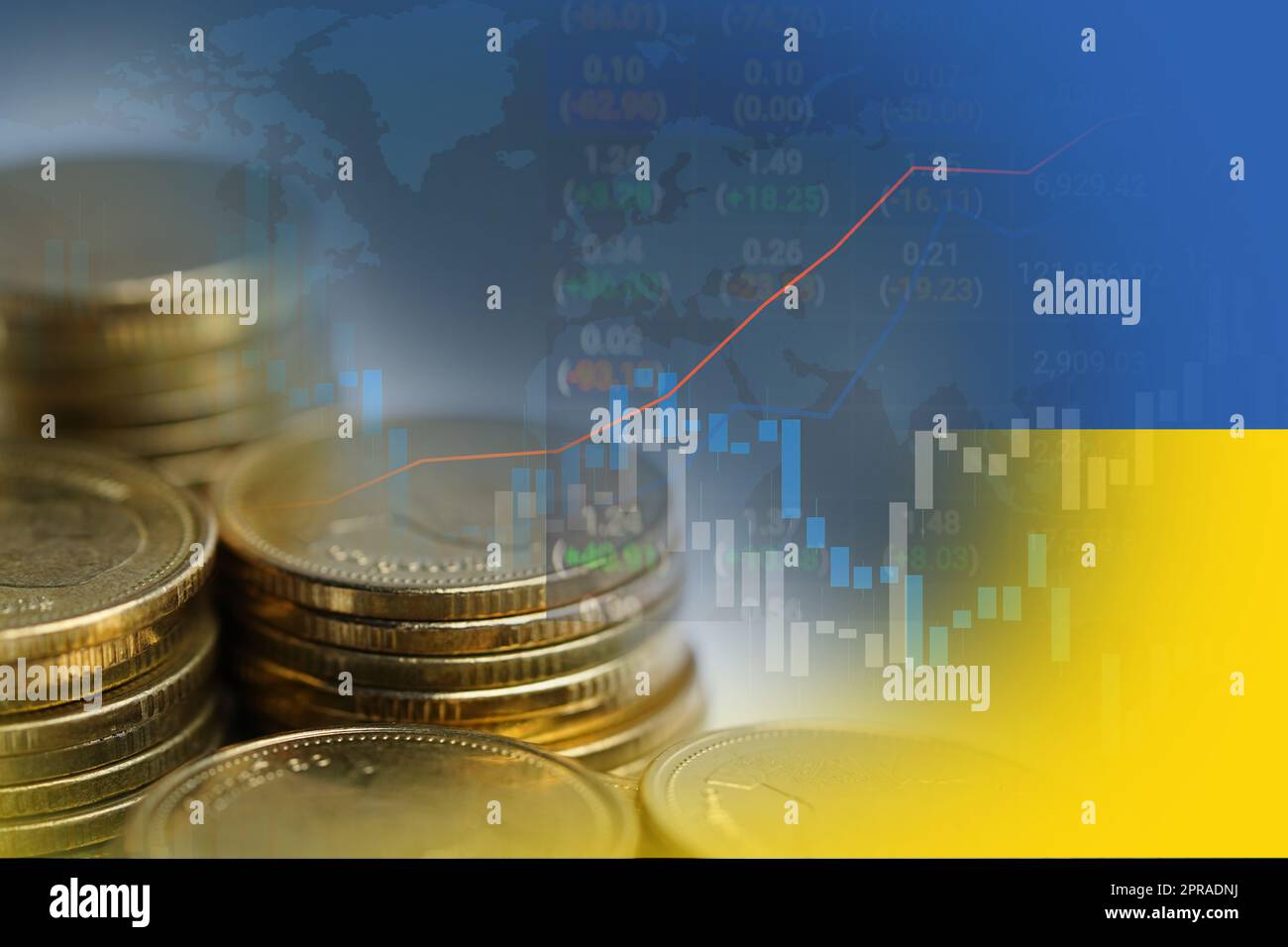 Aktienmarkt Investment Trading Finanz-, Münze und Ukraine Flagge oder Forex für die Gewinnfinanzierung Geschäft Trend Daten Hintergrund analysieren. Stockfoto